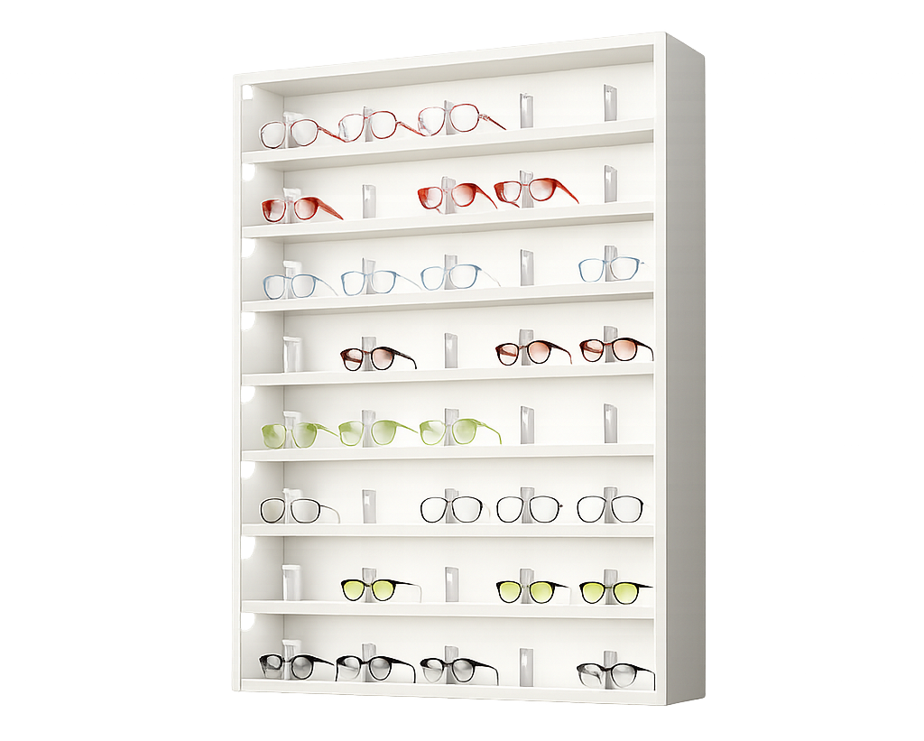 Presentoir mural 8 etagères 40 montures sécurisé blanc Top vision