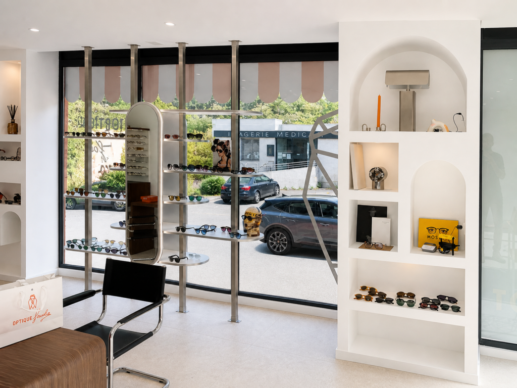 Vitrine d’un magasin d’optique à La Destrousse avec présentoirs design et mise en valeur des collections de lunettes.
