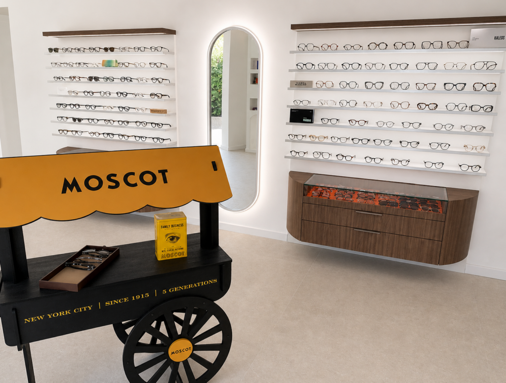 Aménagement d’un espace de vente en magasin d’optique avec mobilier design et mise en avant des collections de lunettes.