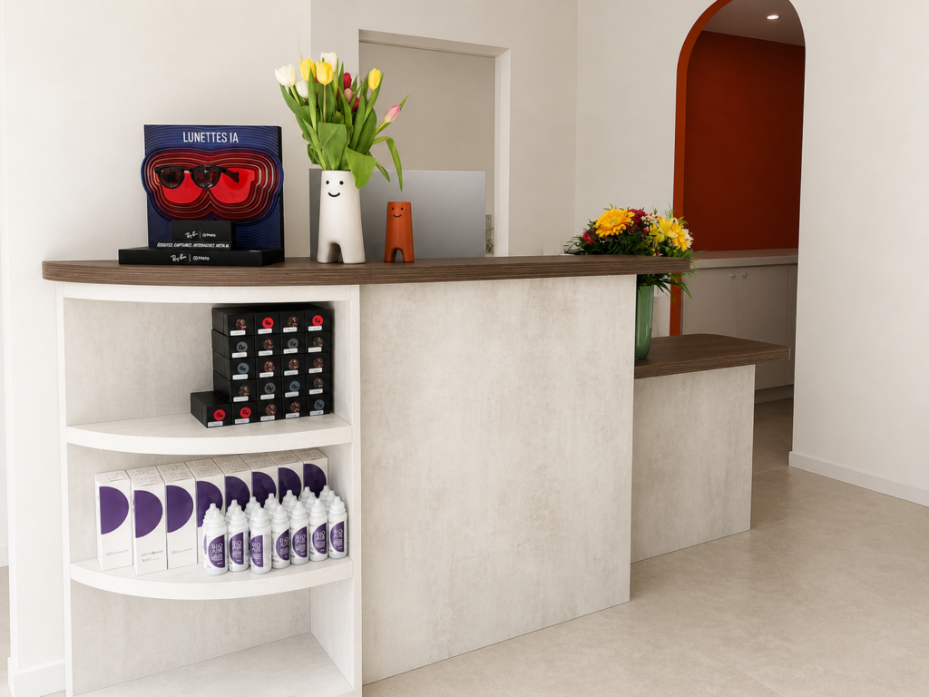 Comptoir d’accueil de magasin d’optique avec mobilier sur-mesure et présentation de produits complémentaires.