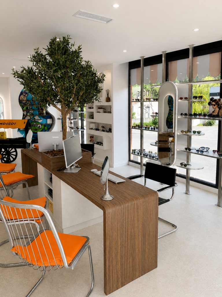 Comptoir d’opticien en bois avec espace accueil et mobilier design pour une expérience client premium.