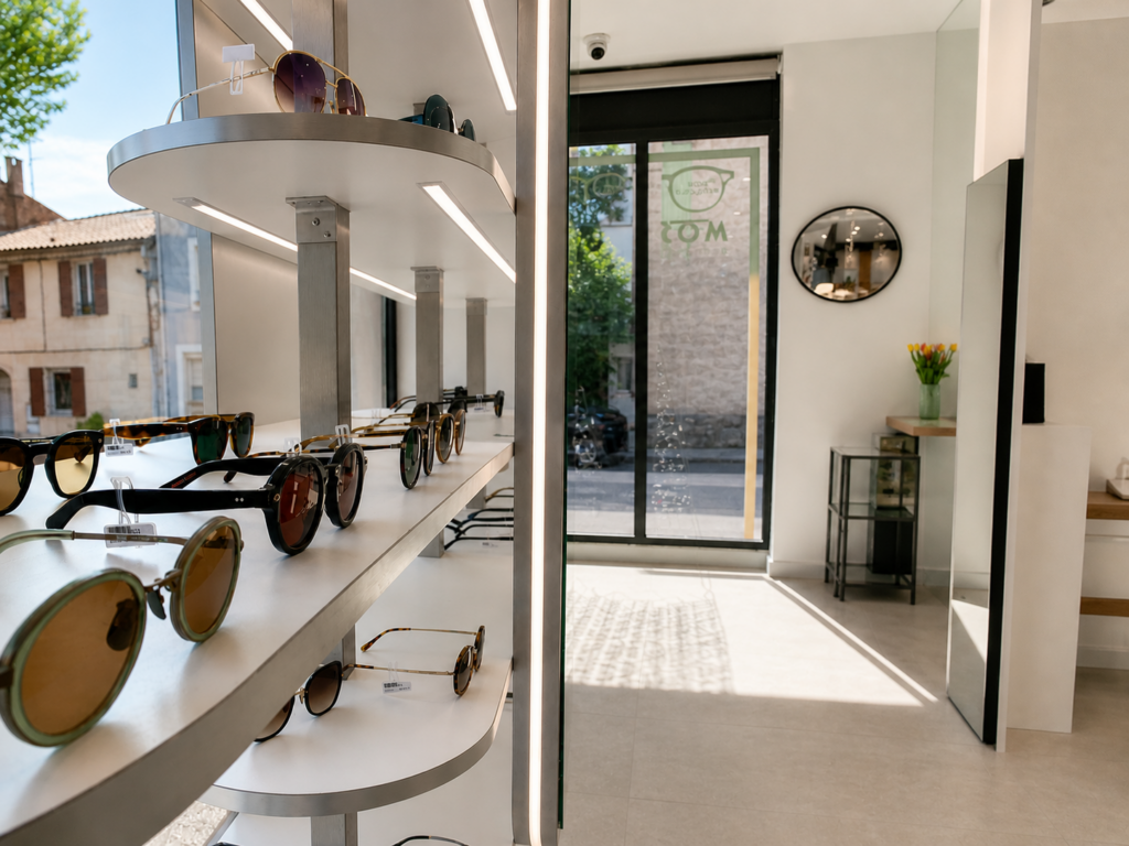 Présentoir de lunettes avec éclairage LED intégré pour valoriser les montures dans un magasin d’optique moderne.
