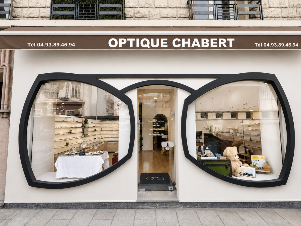 Façade du magasin Optique Chabert à Nice avec vitrine originale en forme de lunettes et visibilité renforcée.