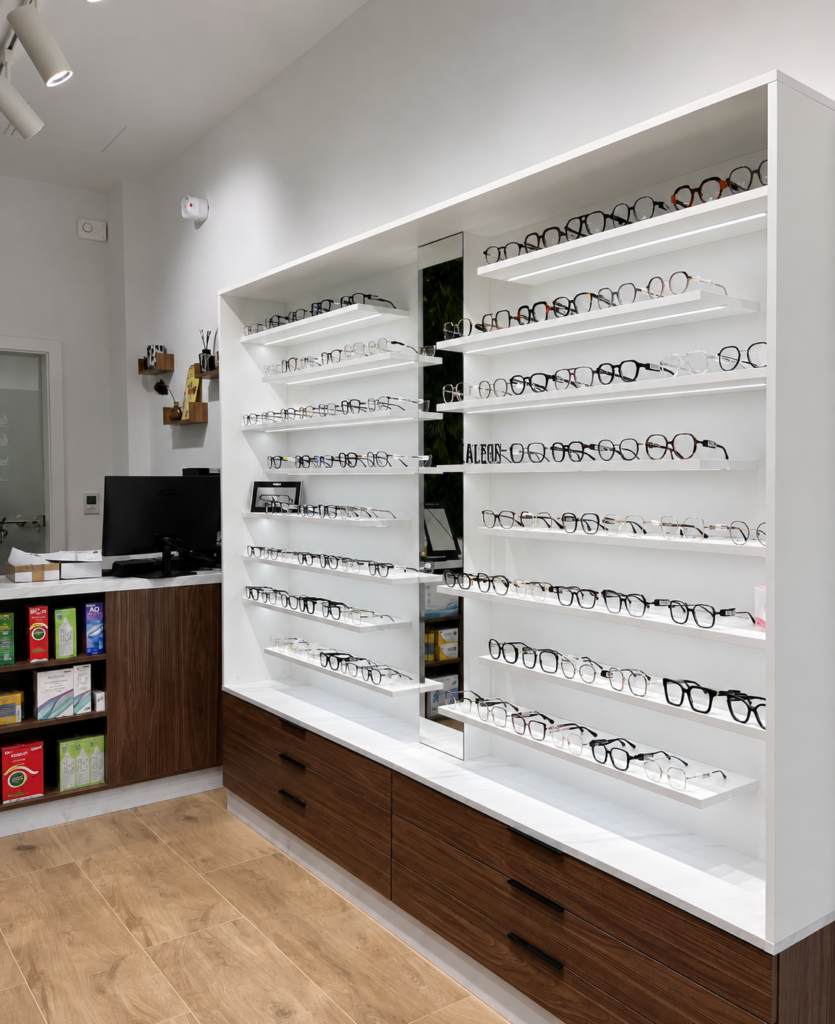 Espace de vente du magasin Optic & You à Mulhouse avec mobilier d’optique moderne, présentoirs de lunettes et zone de conseil clients.