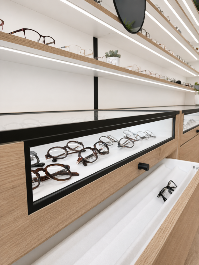 Tiroir de rangement pour montures avec mousse de présentation intégré dans le mobilier sur mesure d'Optique Chabert
