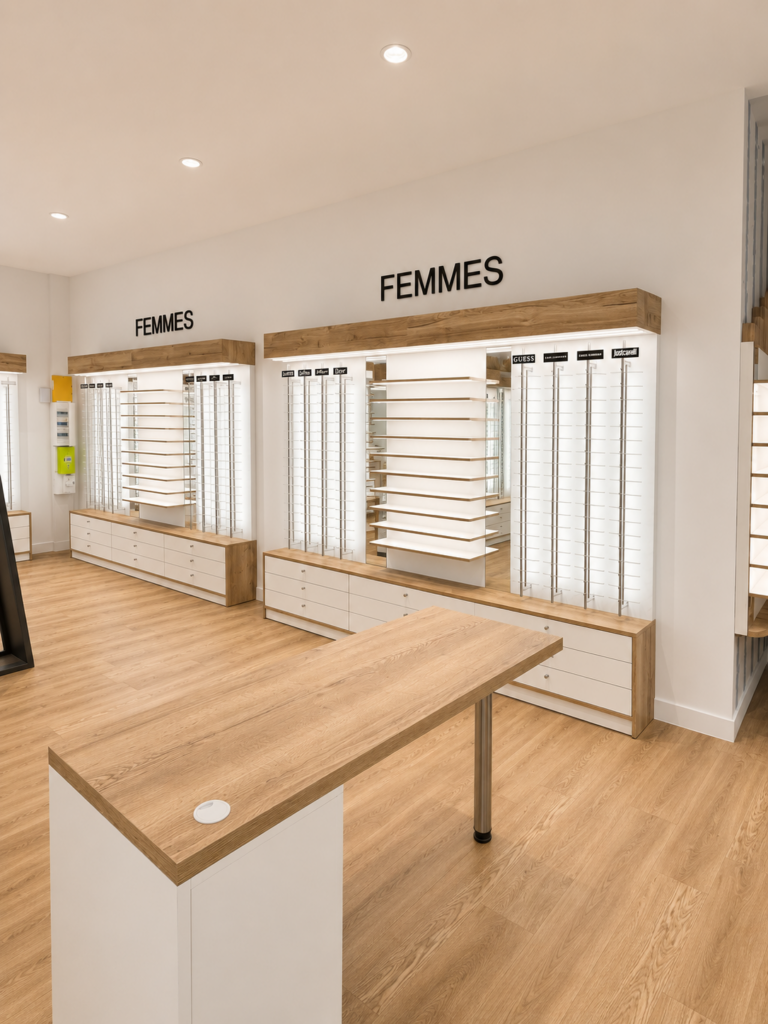 Espace femmes avec mobilier de présentation de lunettes dans le magasin Visual à Nantes