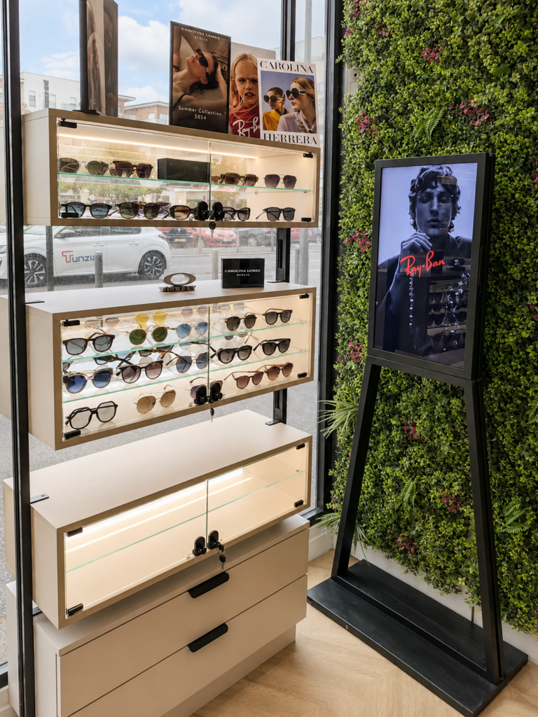 Vitrine sécurisée pour lunettes de créateurs avec mur végétal et affichage digital dans le magasin Lookin’Optic