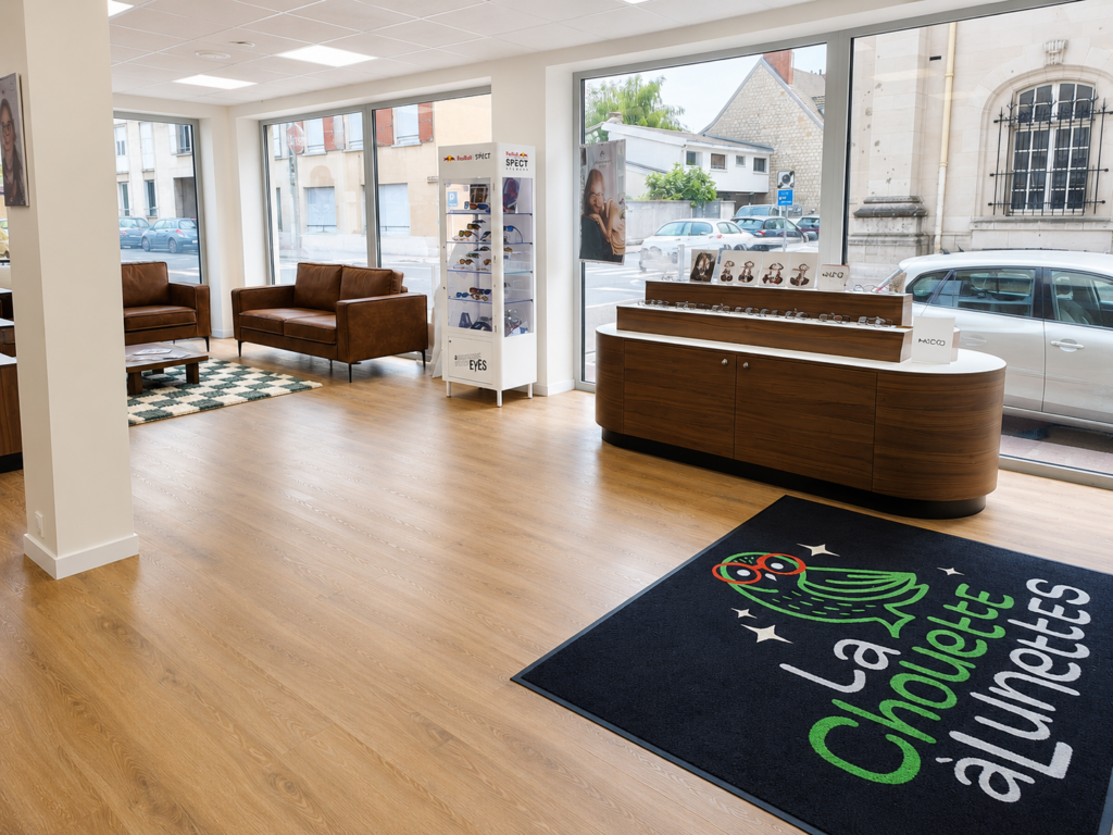 Accueil du magasin d'optique La Chouette à Lunettes avec comptoir en bois sur mesure et tapis personnalisé