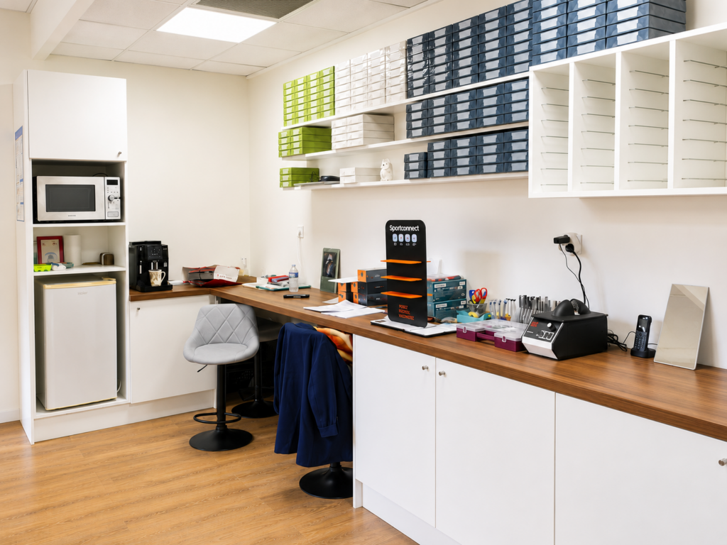 Espace atelier et pause du personnel avec kitchenette intégrée dans l'agencement du magasin d'optique