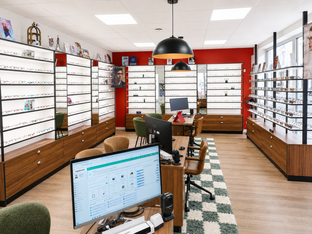 Mur d'exposition rétroéclairé des montures, agencement sur mesure du magasin d'optique La Chouette à Lunettes