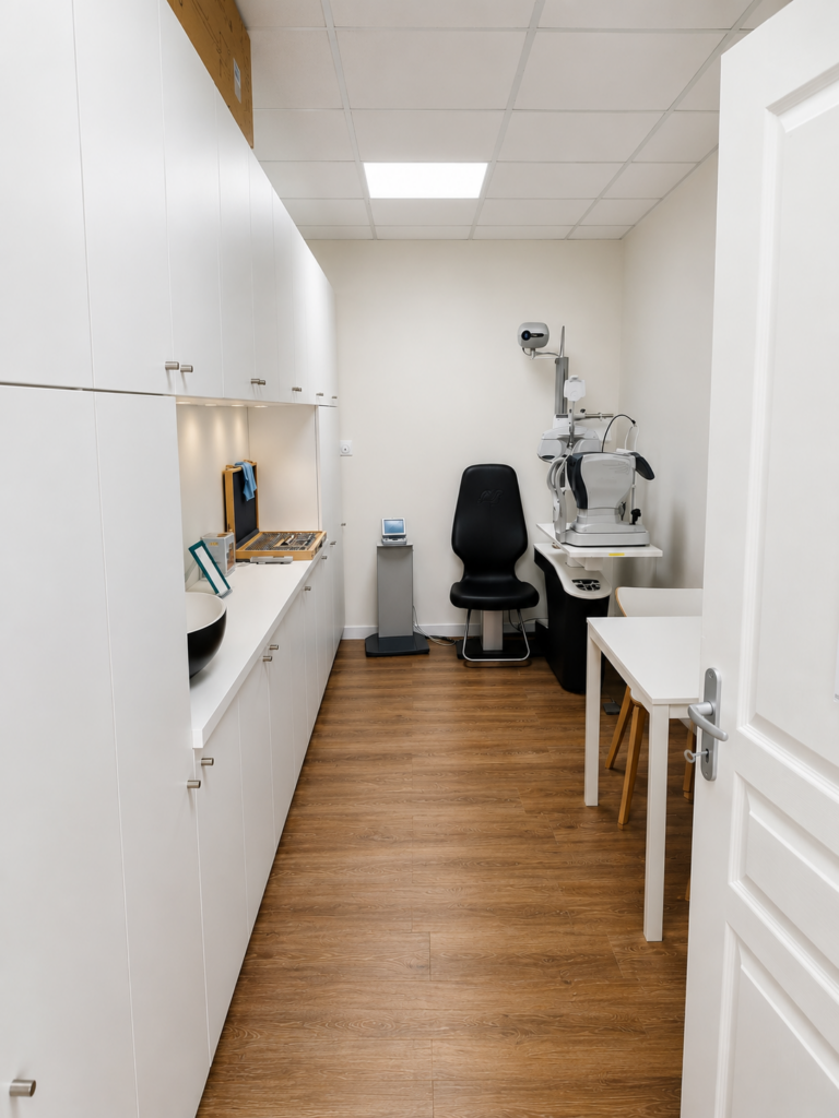 Salle d'examen de vue équipée d'un réfracteur, intégrée à l'agencement du magasin d'optique