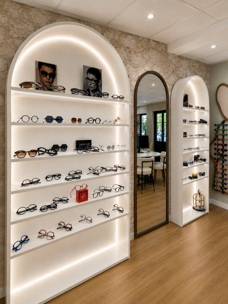 Galerie de lunettes de vue et miroir d'essayage au Comptoir de l'Optique