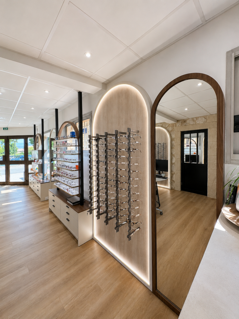 Présentoir de lunettes de vue et miroir d'essayage au Comptoir de l'Optique