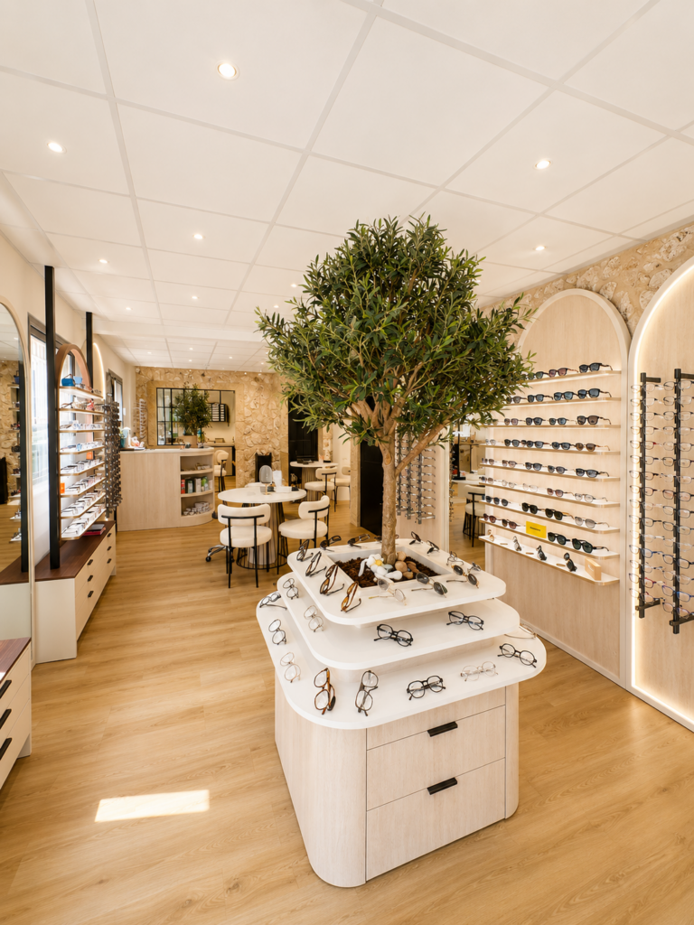 Présentoir central de lunettes de vue autour d'un olivier au Comptoir de l'Optique